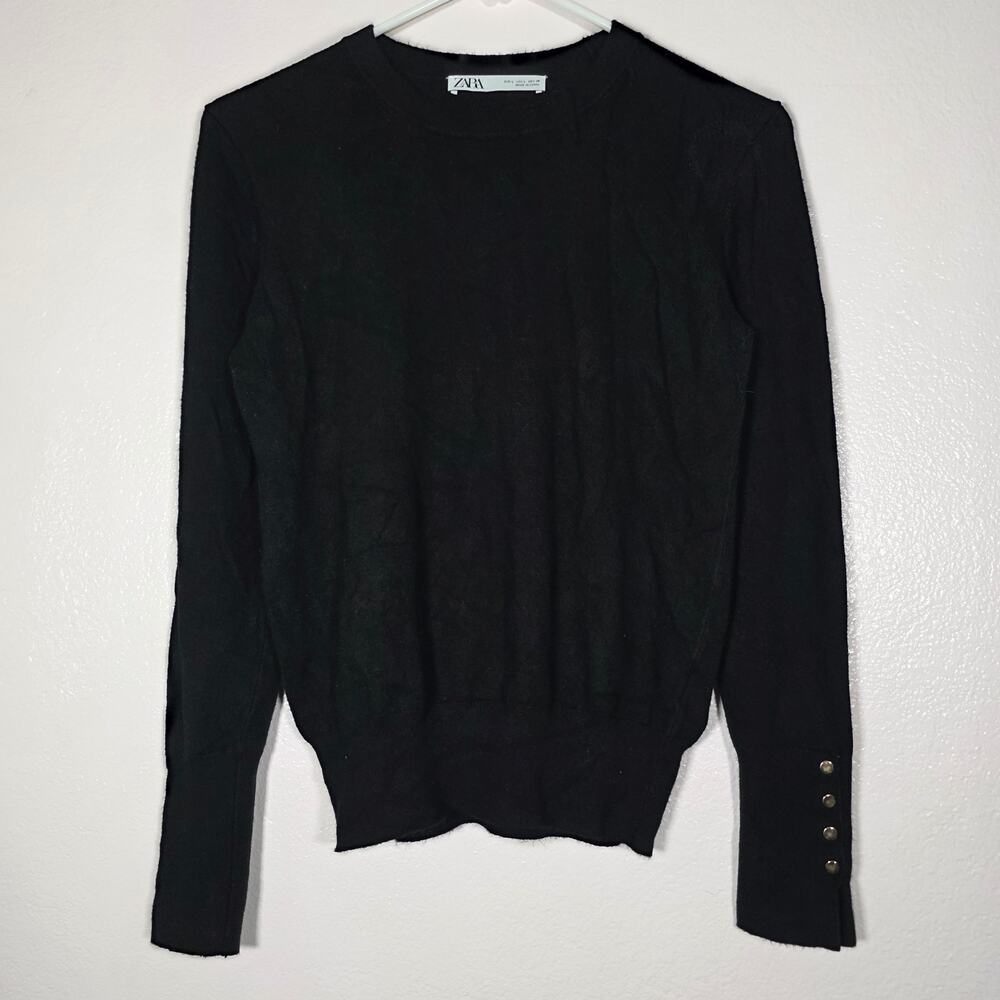 Zara Knit Black Sweater Women's L Viscose Blend Button Cuff Lightweight